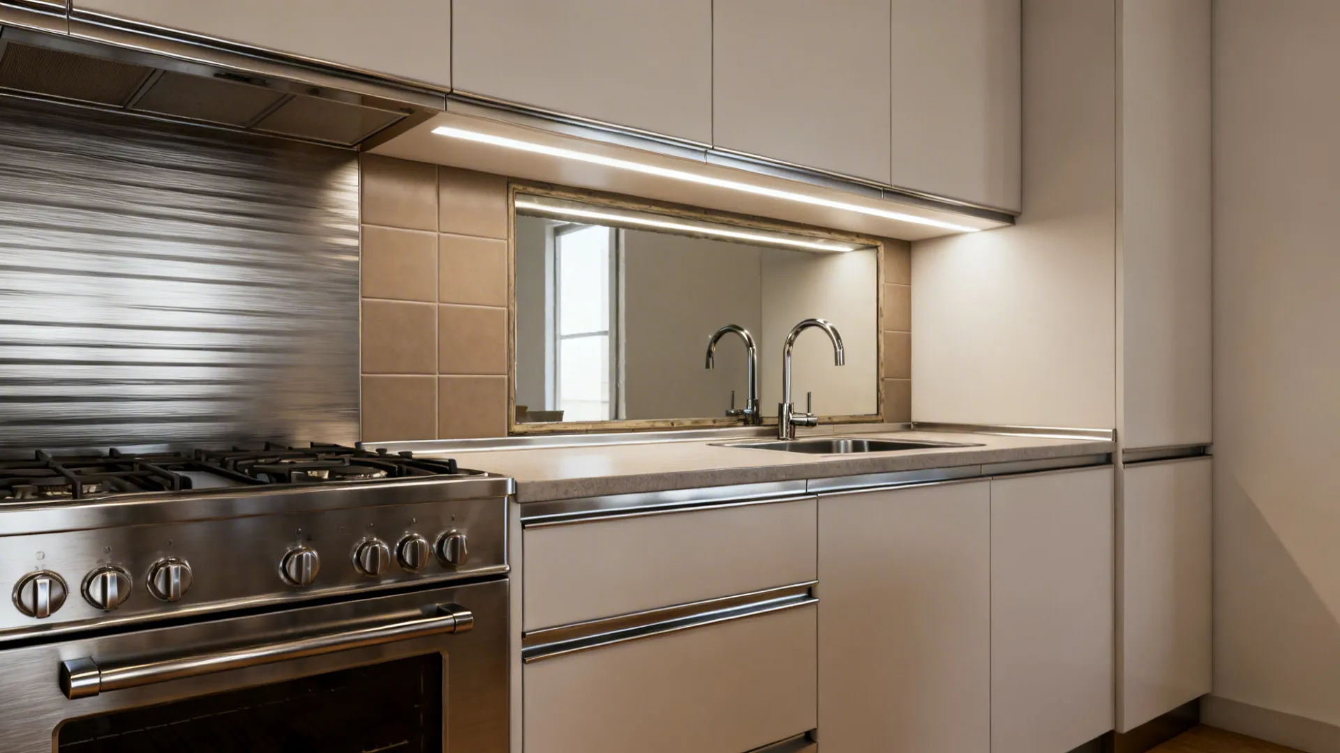 Small kitchen mixing brushed stainless behind the range with tile and antiqued mirror by the sink.