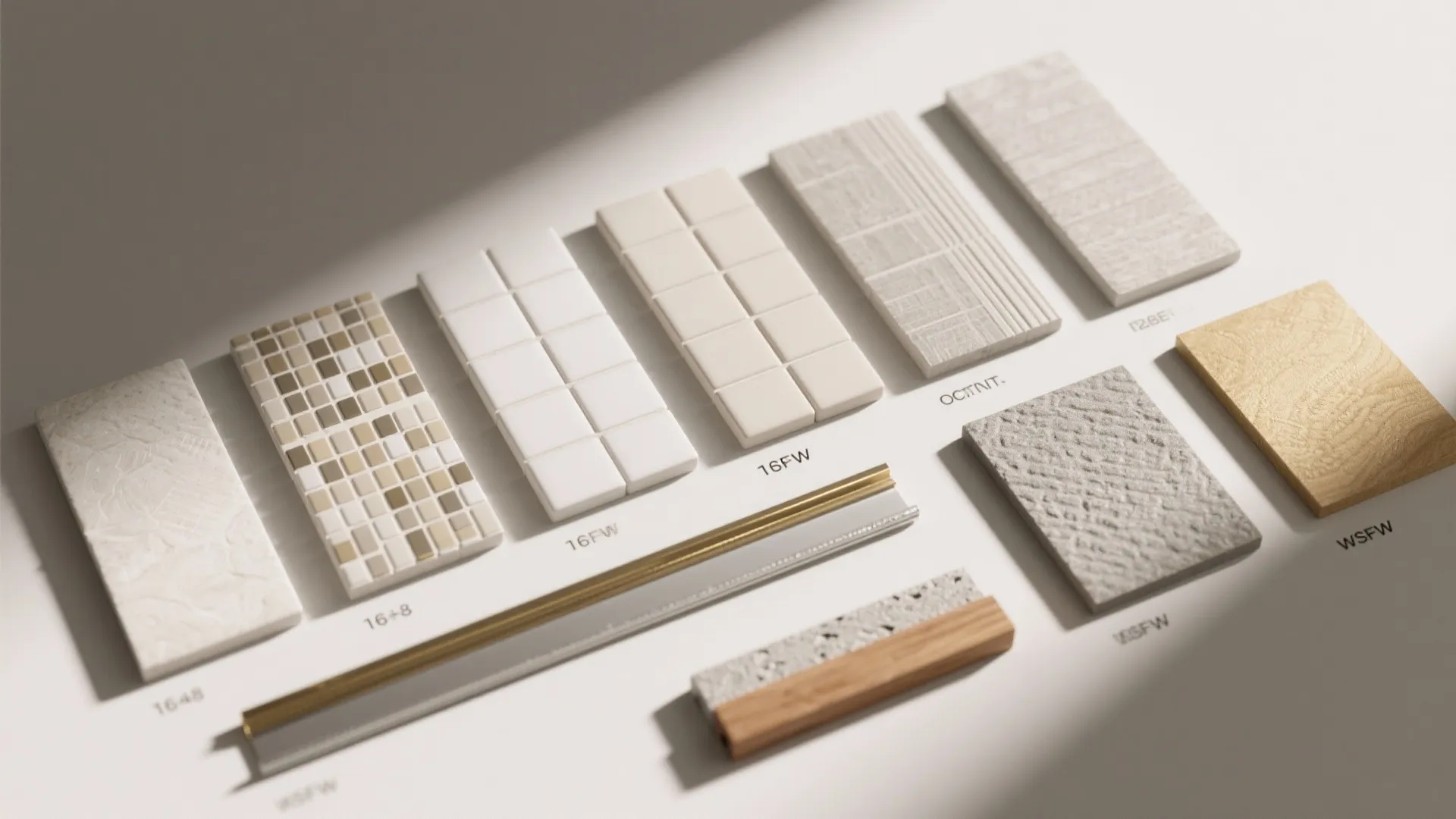 Various material samples including textured tiles wood pieces and gold metal strips for wall design