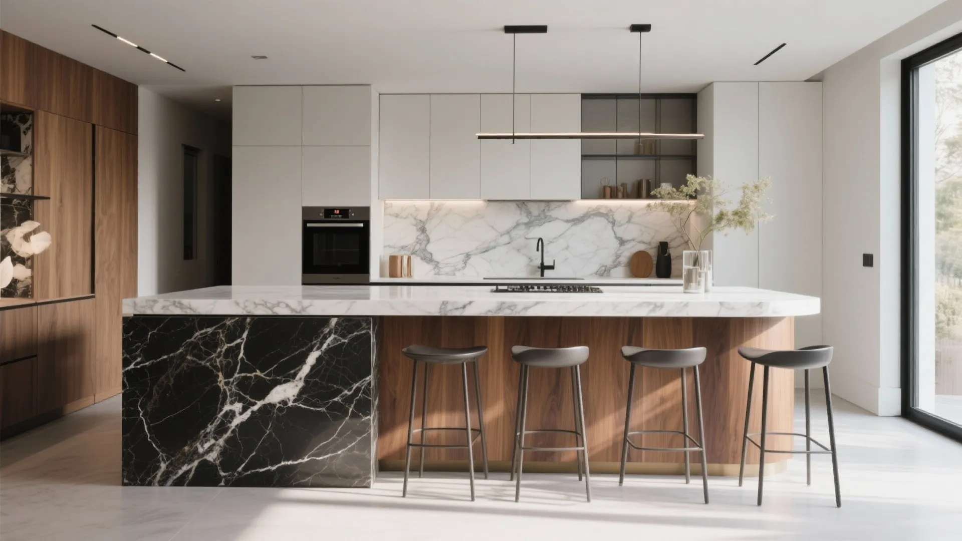 Modern kitchen with marble island and wood base plus black bar stools and white cabinets