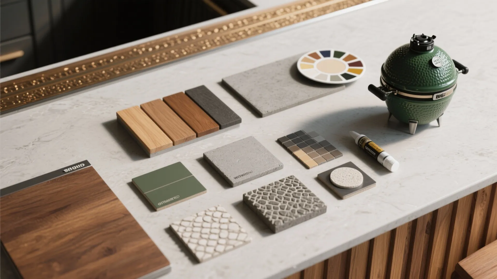 Interior design drawing board with wood stone and tile material samples on a white kitchen counter
