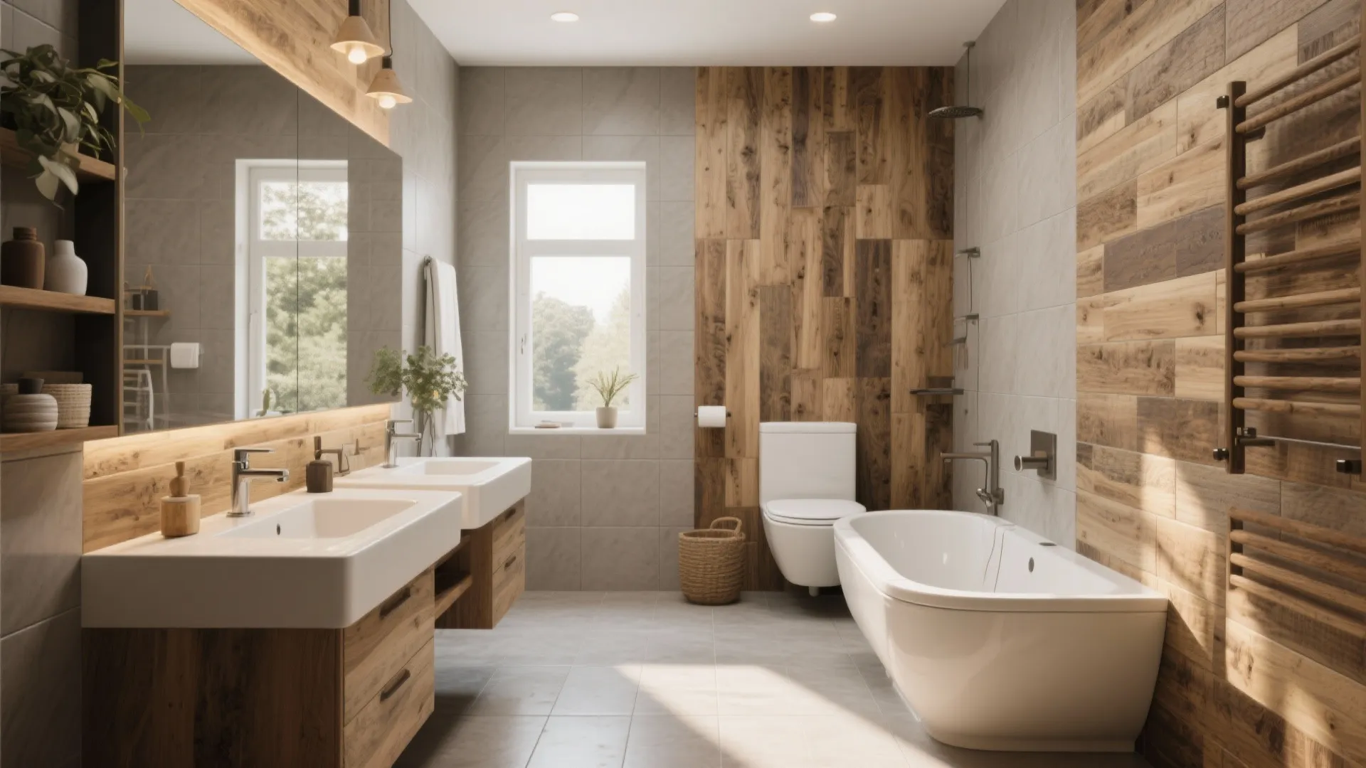 Spacious bathroom interior featuring wood wall panels double sink cabinet white bathtub and natural light