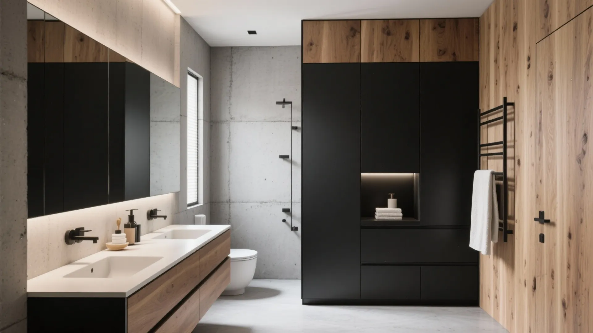 Contemporary bathroom with concrete walls black storage cabinets wood paneling double sink and white ceramic toilet