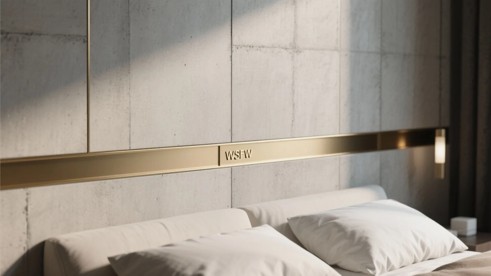 Close up of concrete wall panel with gold metal stripe behind a white modern bed