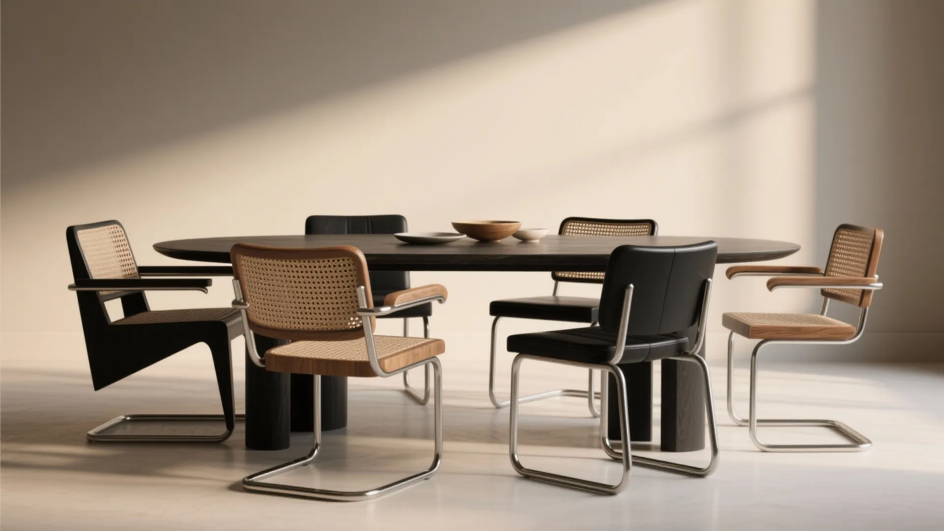 4. Mixed-material black chairs for layered texture