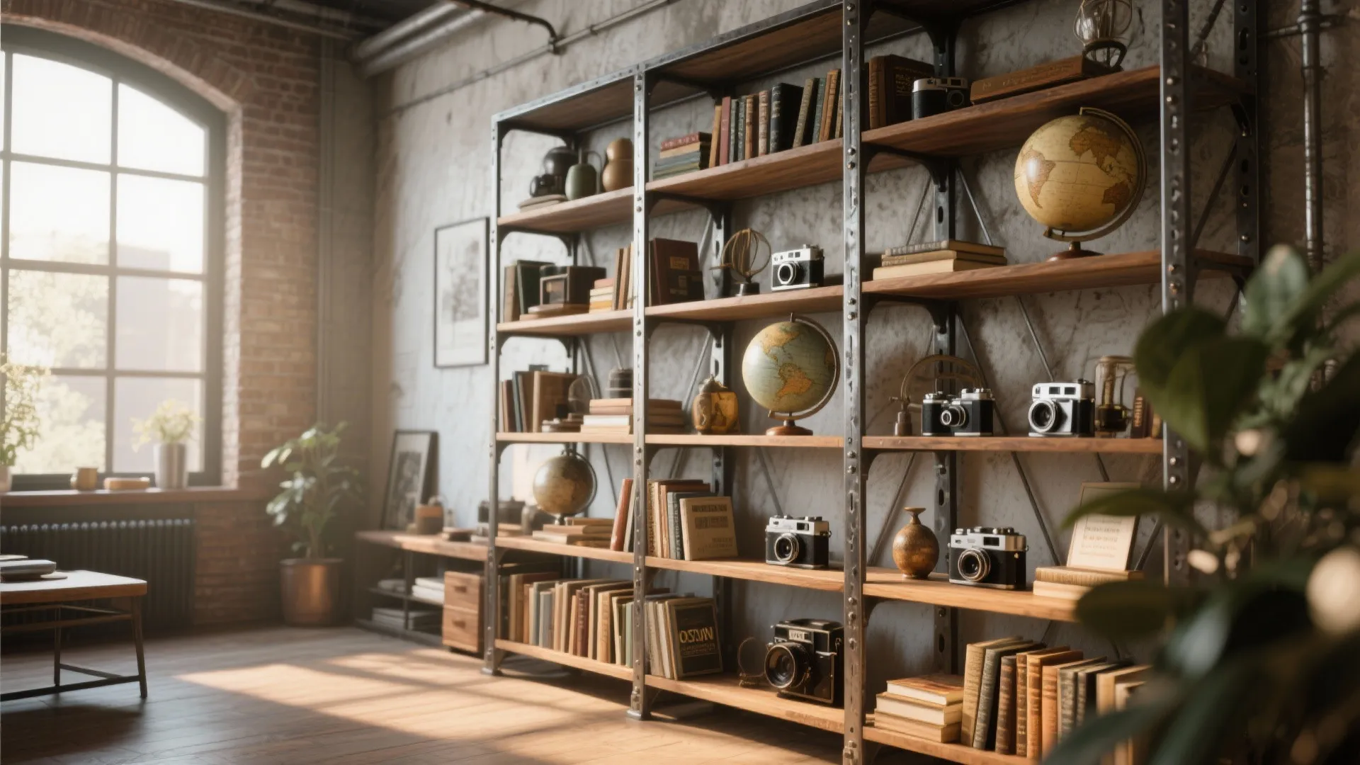 Metal and wood bookcase with eclectic vintage décor in a loft