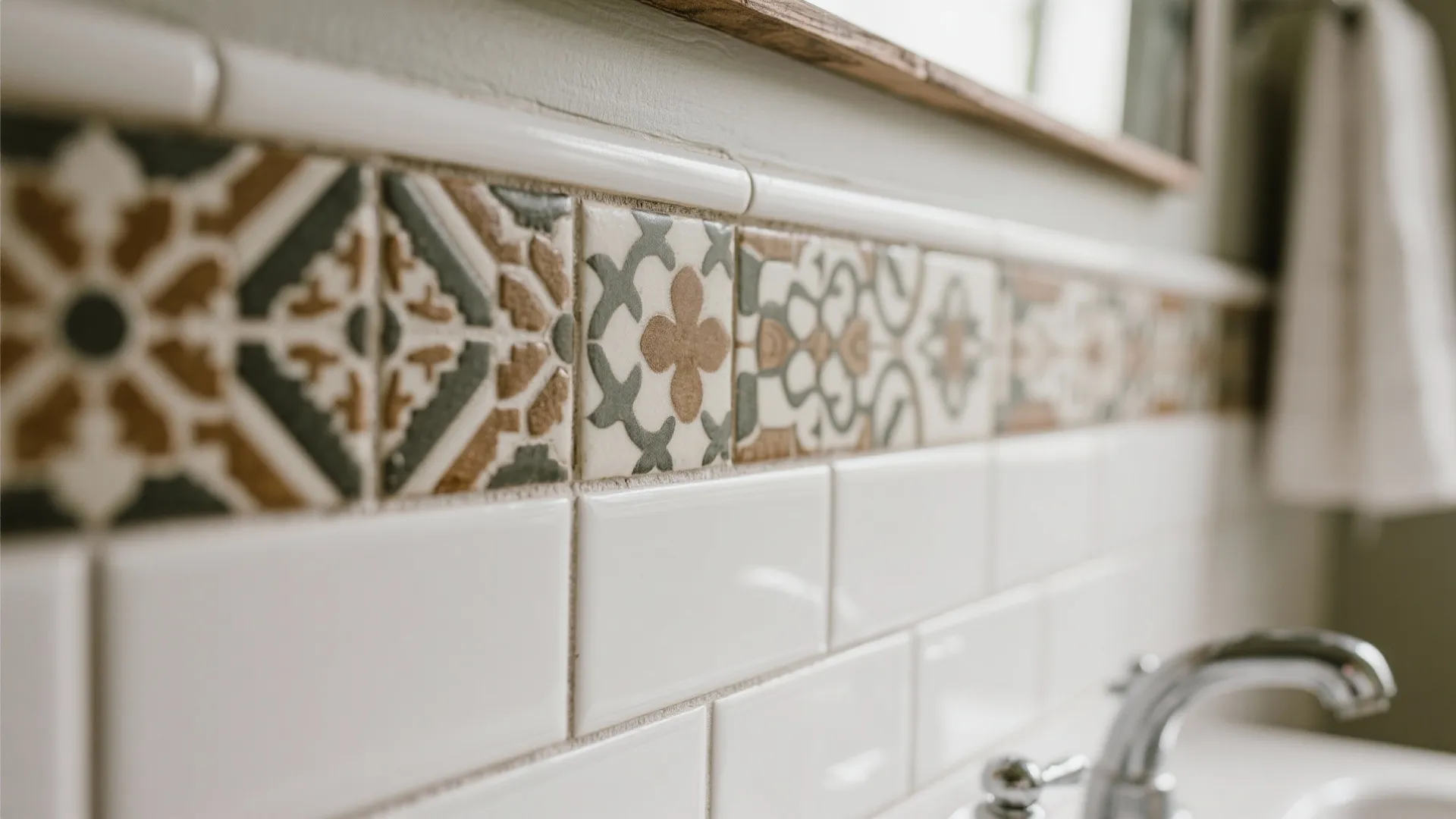 Close up of patterned wall tiles and white brick tiles in a modern bathroom design