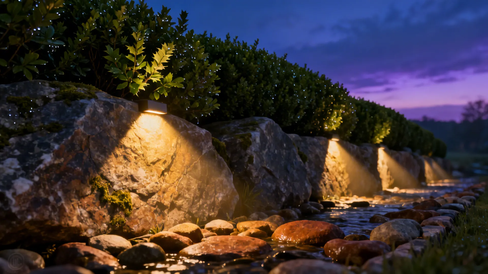 River rock border with low hedging and warm LED uplighting at dusk.