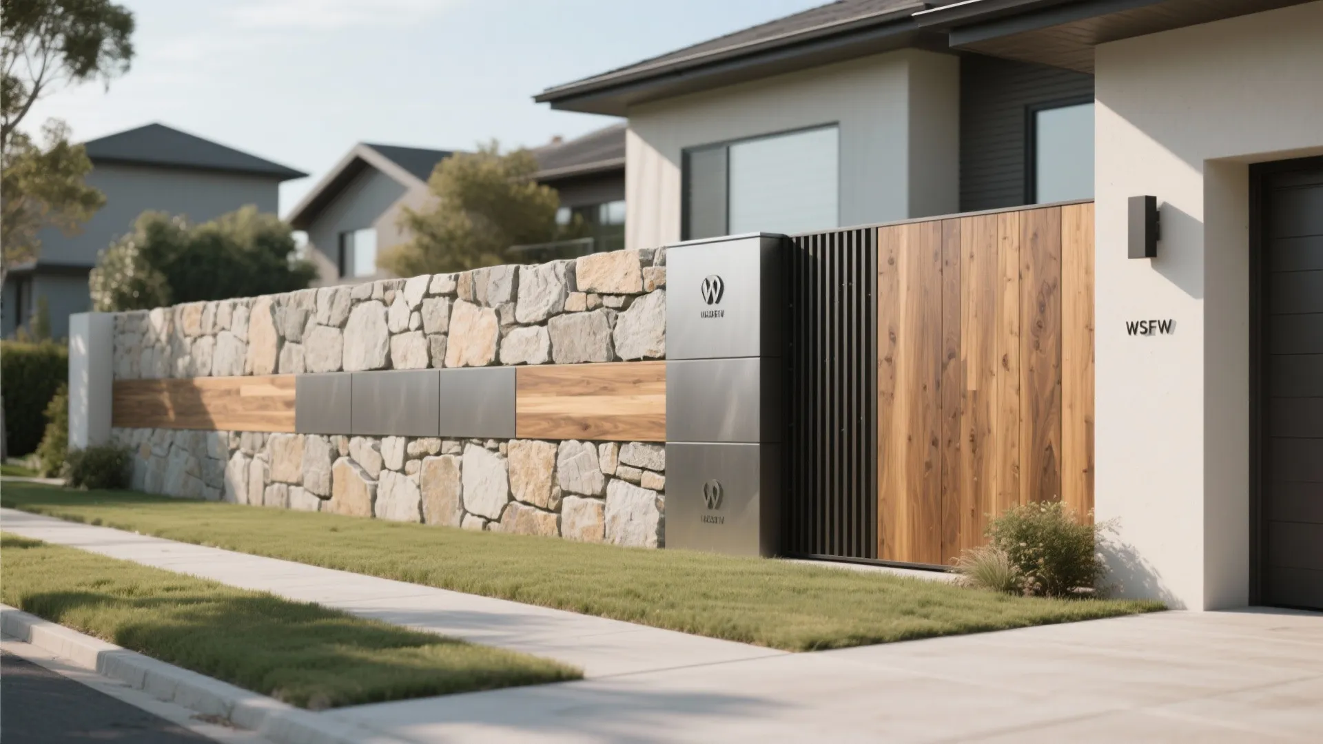 Modern stone border wall with wood and metal accents large wooden gate and white house