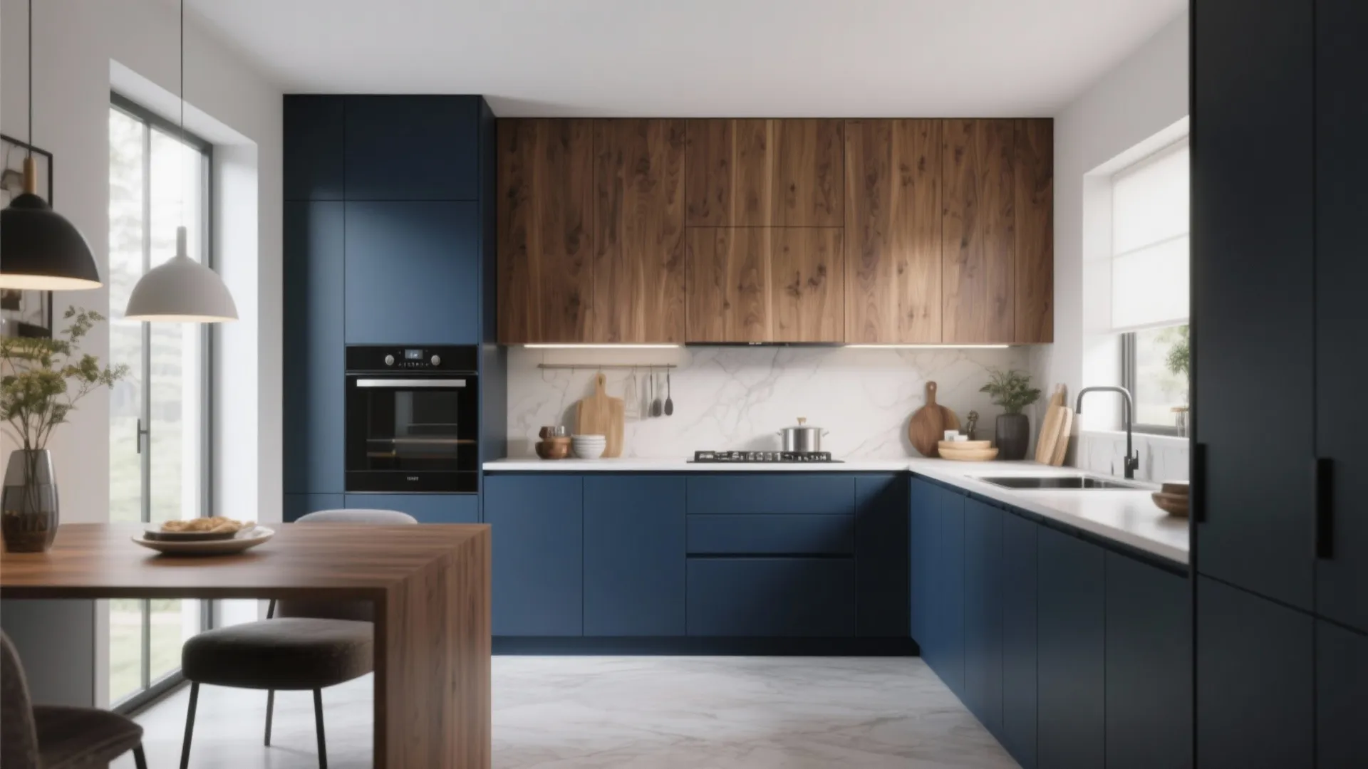 Modern kitchen with blue lower cabinets wood upper cabinets white marble floor and dining table