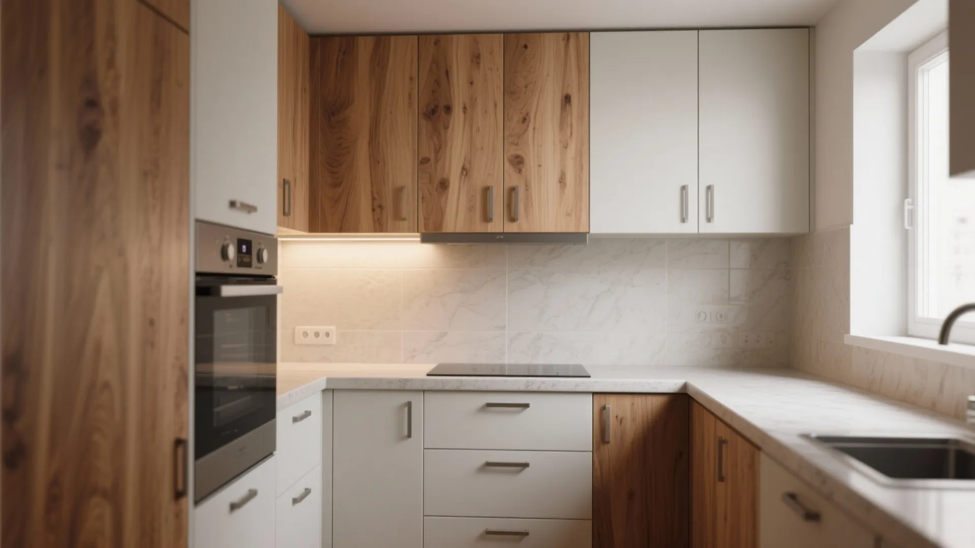 Kitchen interior design featuring mixed wood and white cabinets with marble countertop and small window