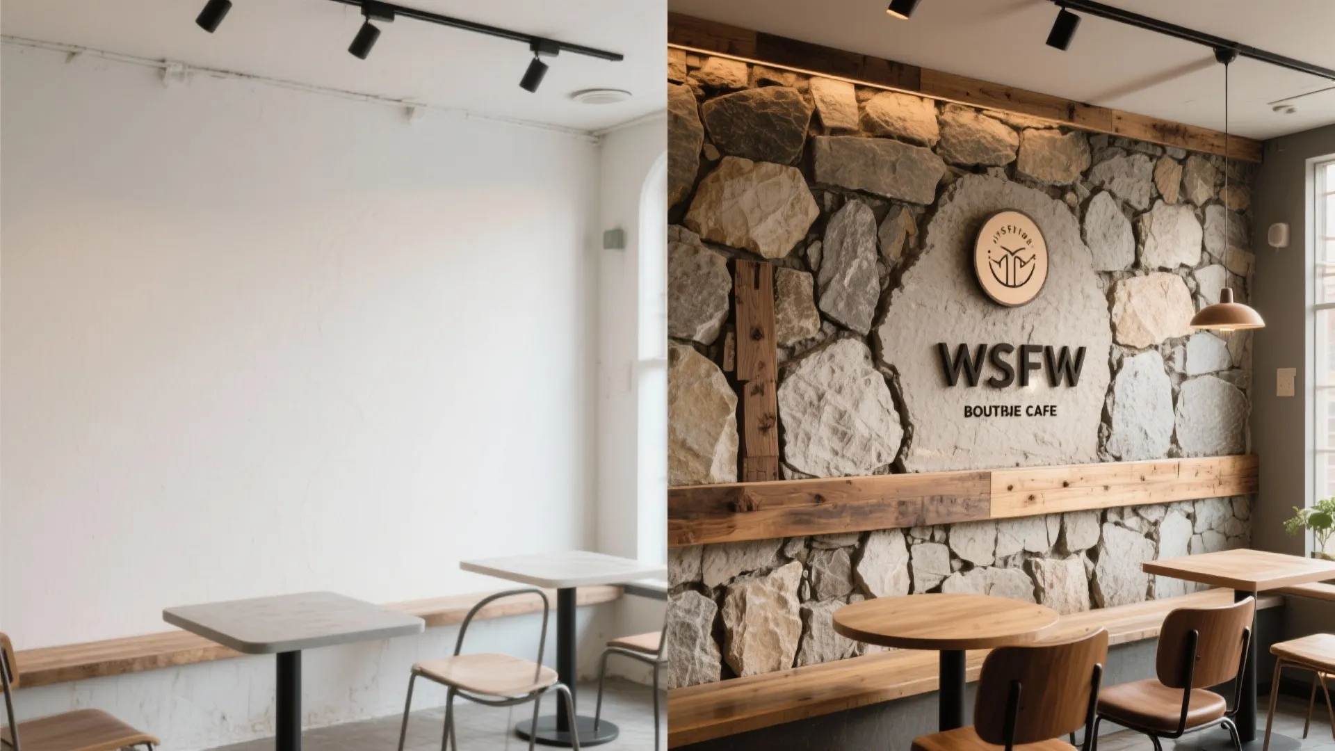 Boutique café wall before and after with stone and reclaimed wood layering