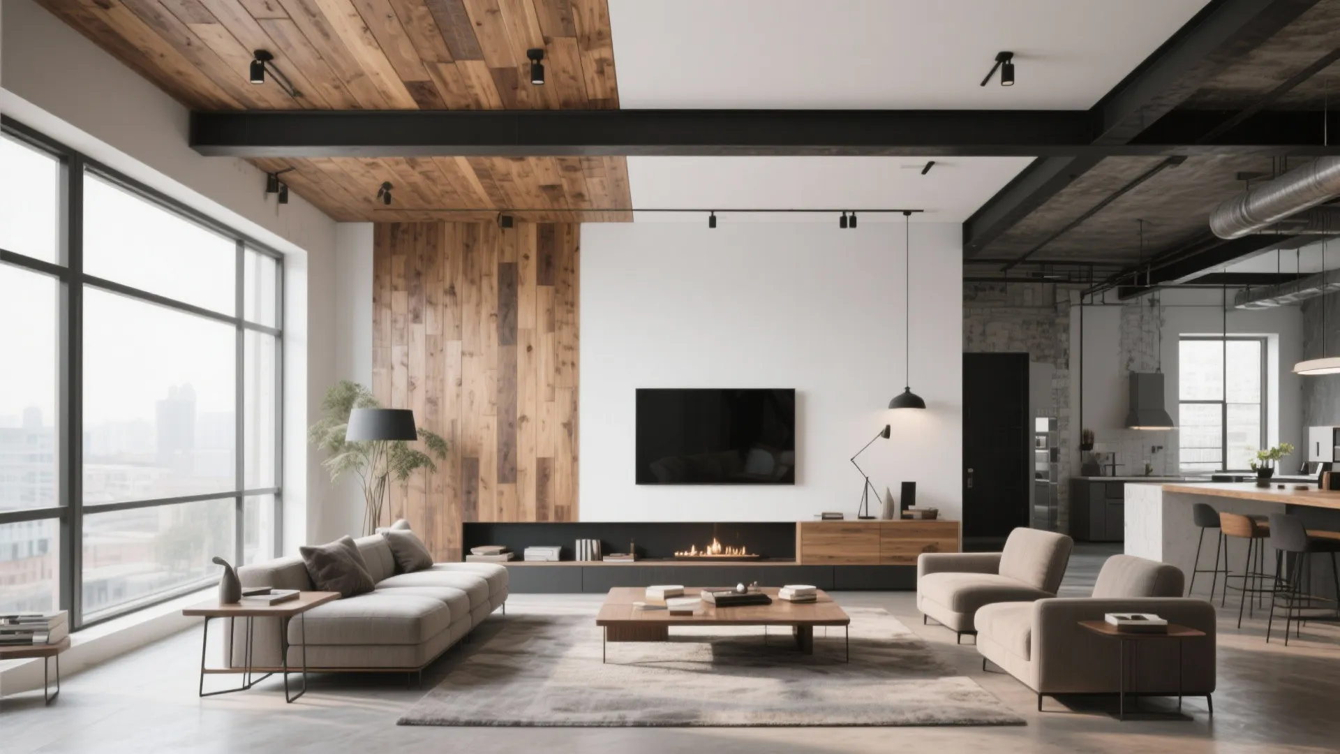 Modern industrial living room with wood wall panels a television fireplace and open kitchen area