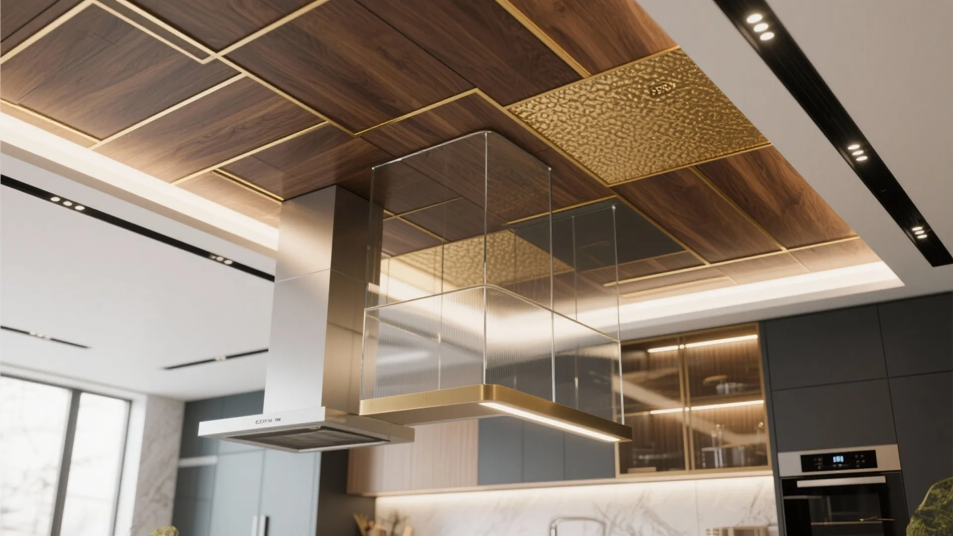 Modern kitchen ceiling with walnut panels, brass accents, and frosted glass