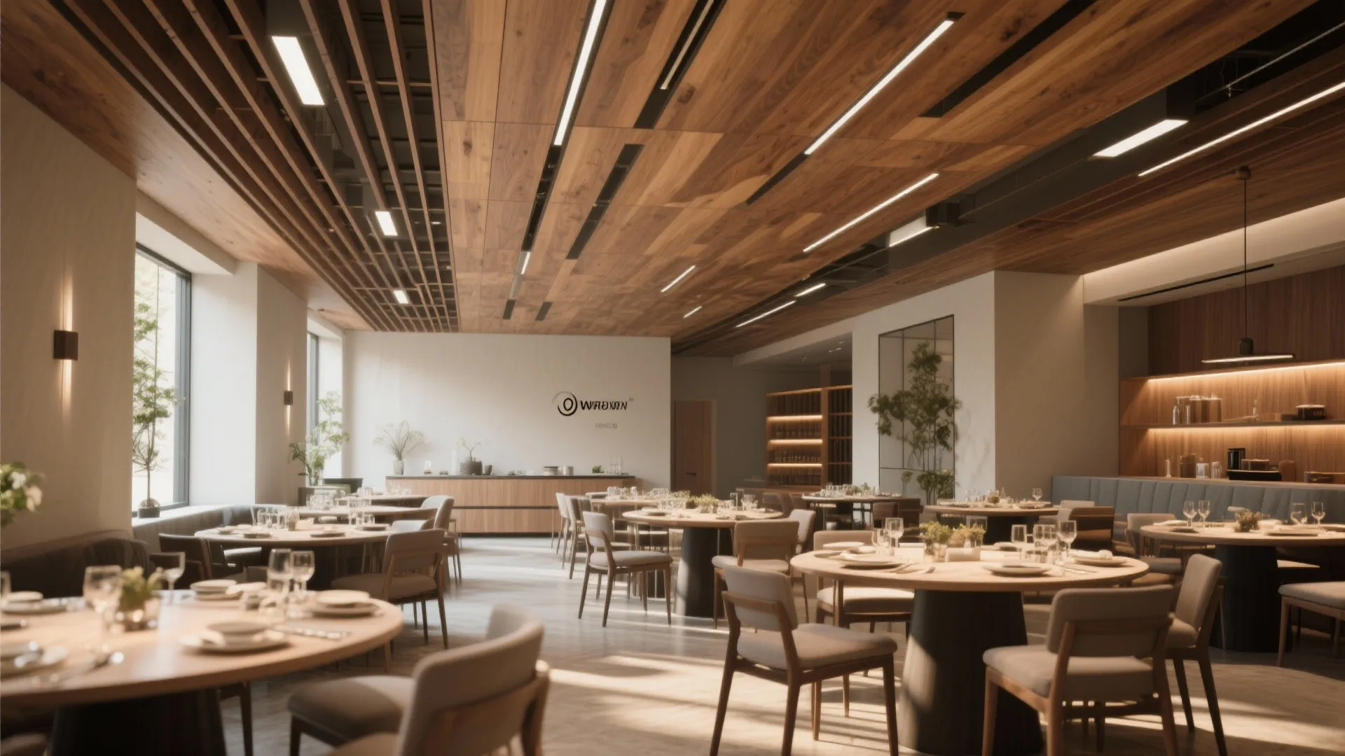 Modern restaurant dining room with wooden ceiling boards linear light fixtures and round wooden dinner tables