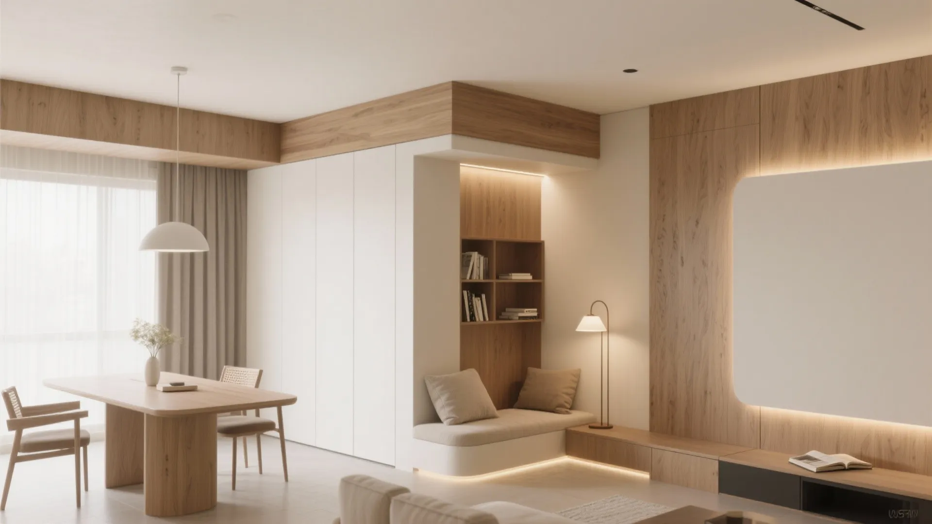Interior design with wooden dining table white cabinets and built in seating under warm lights