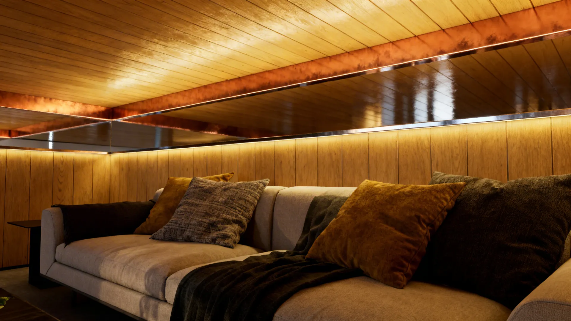Accent ceiling with cedar planks and copper trim above a living room seating area