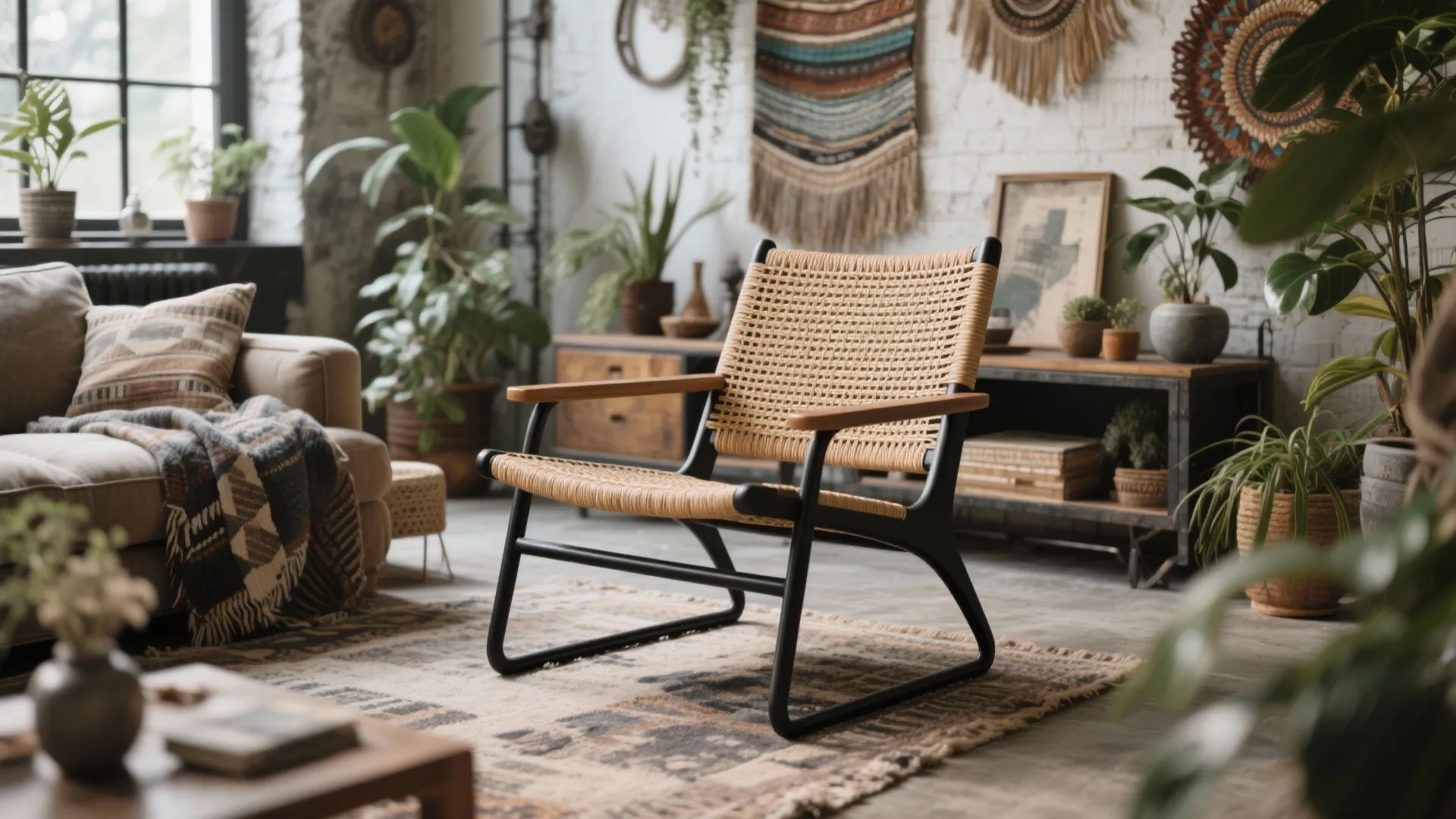 Natural woven armchair in a bohemian living room with indoor plants rug and wall art decor