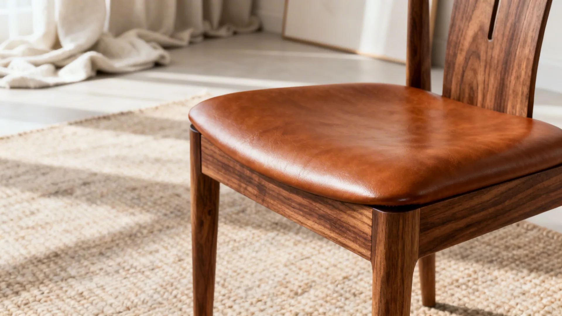 Wooden chair with brown leather seat placed on a woven rug in a sunlit room
