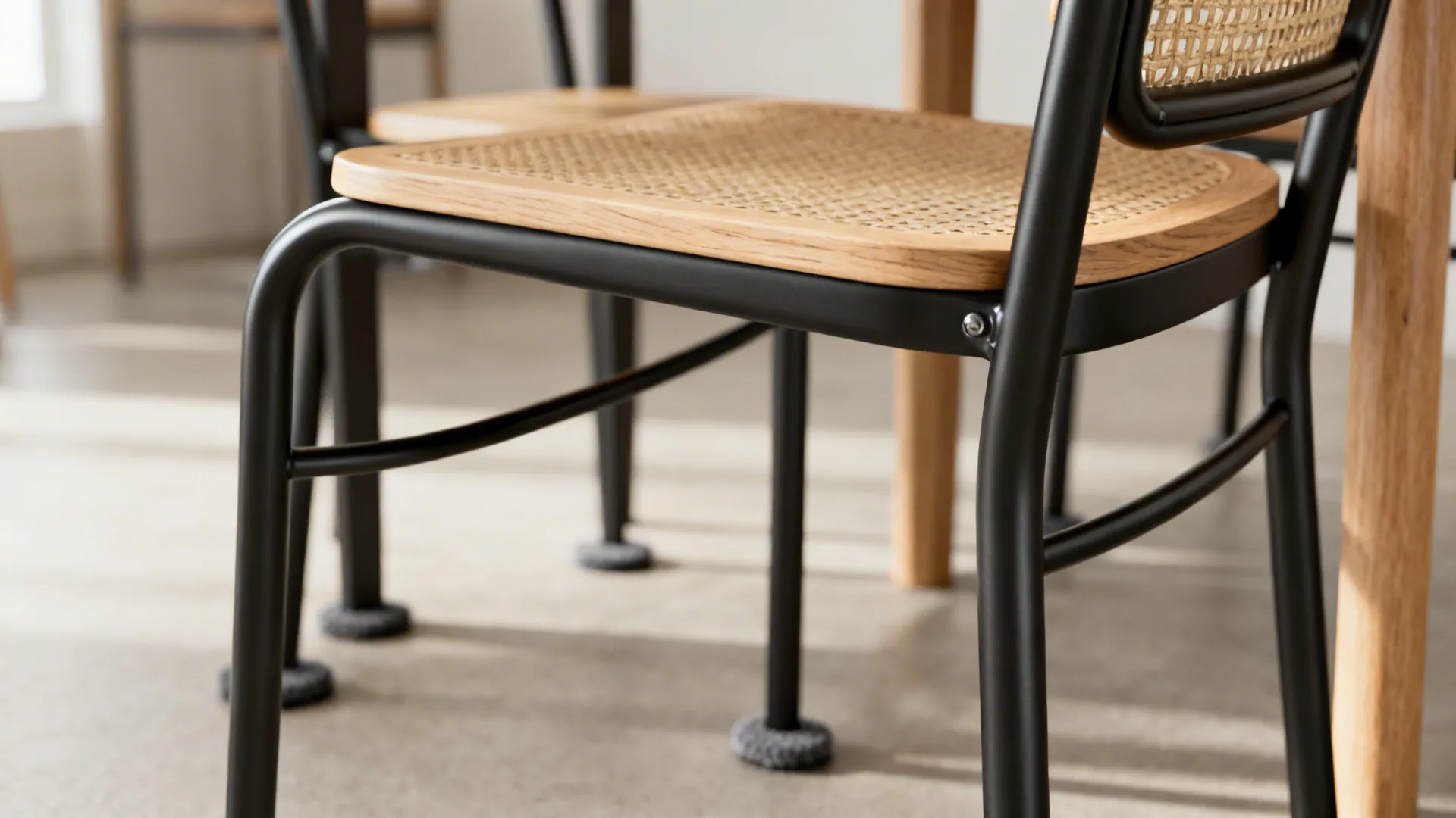 Macro detail of a black metal dining chair frame with a light wood or rattan seat and felt floor pads.