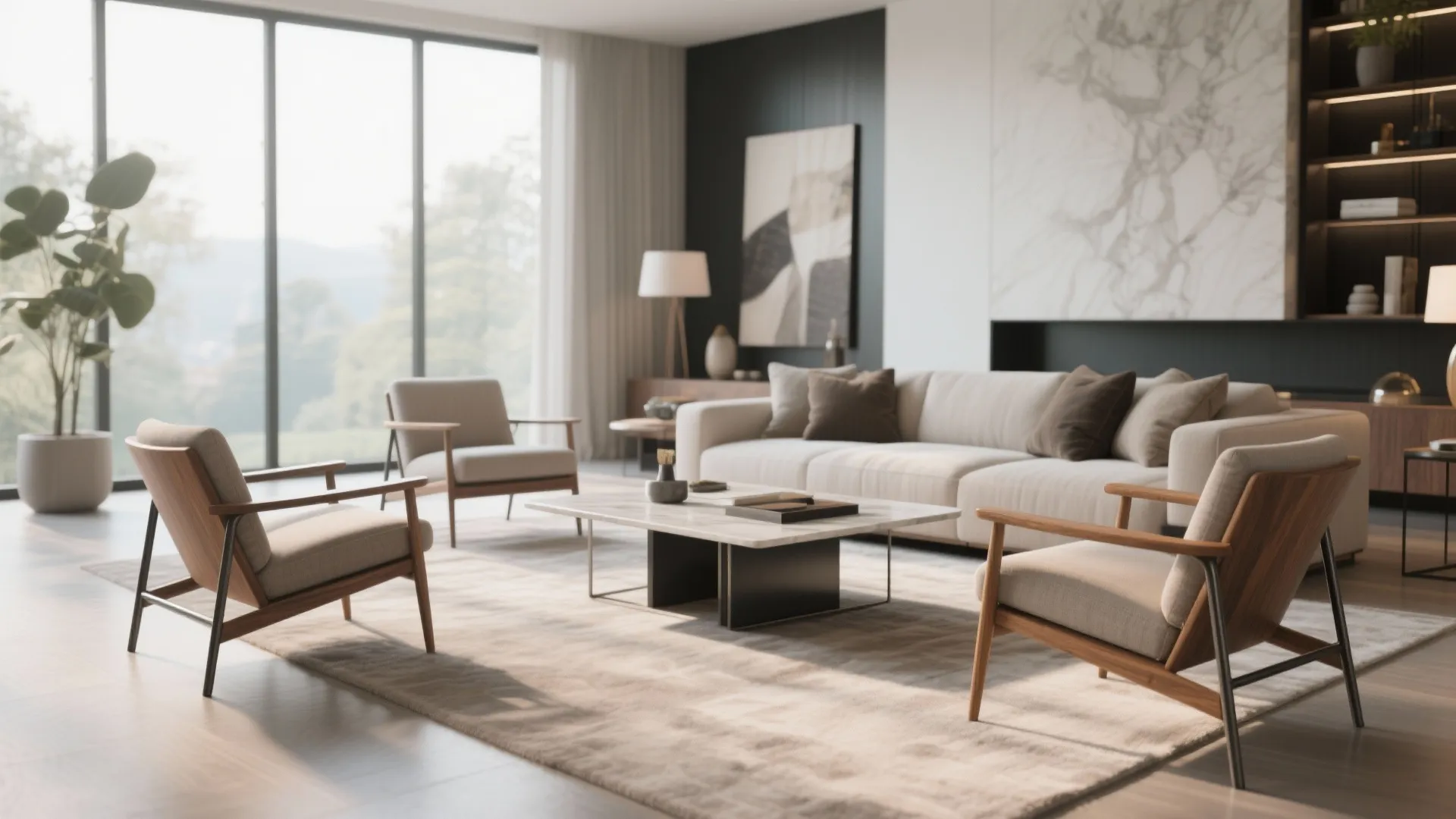 Mixed material accent chairs in a spacious living room