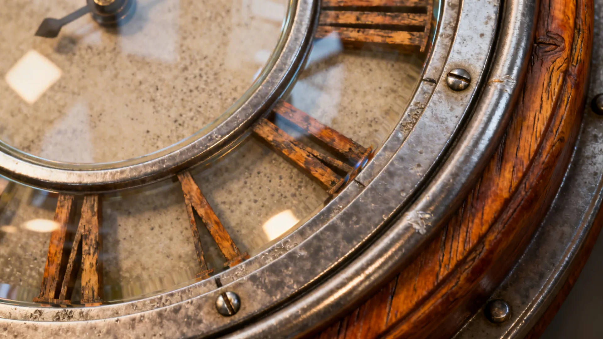 Macro view of a mixed-material clock combining metal, wood, and glass, showing textures and details.