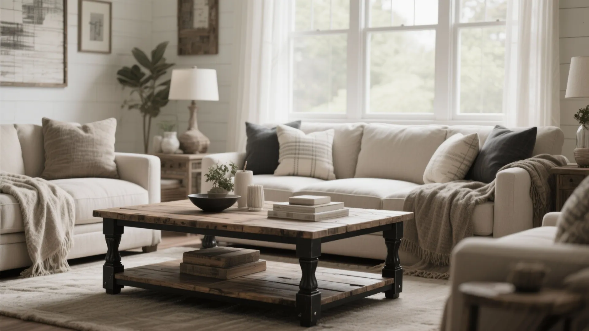 Rustic wooden coffee table with books sitting in front of a white sofa near windows