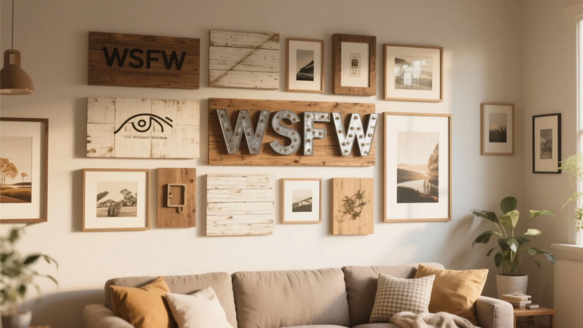 Living room gallery wall with wood art pieces framed photos and sofa in natural light