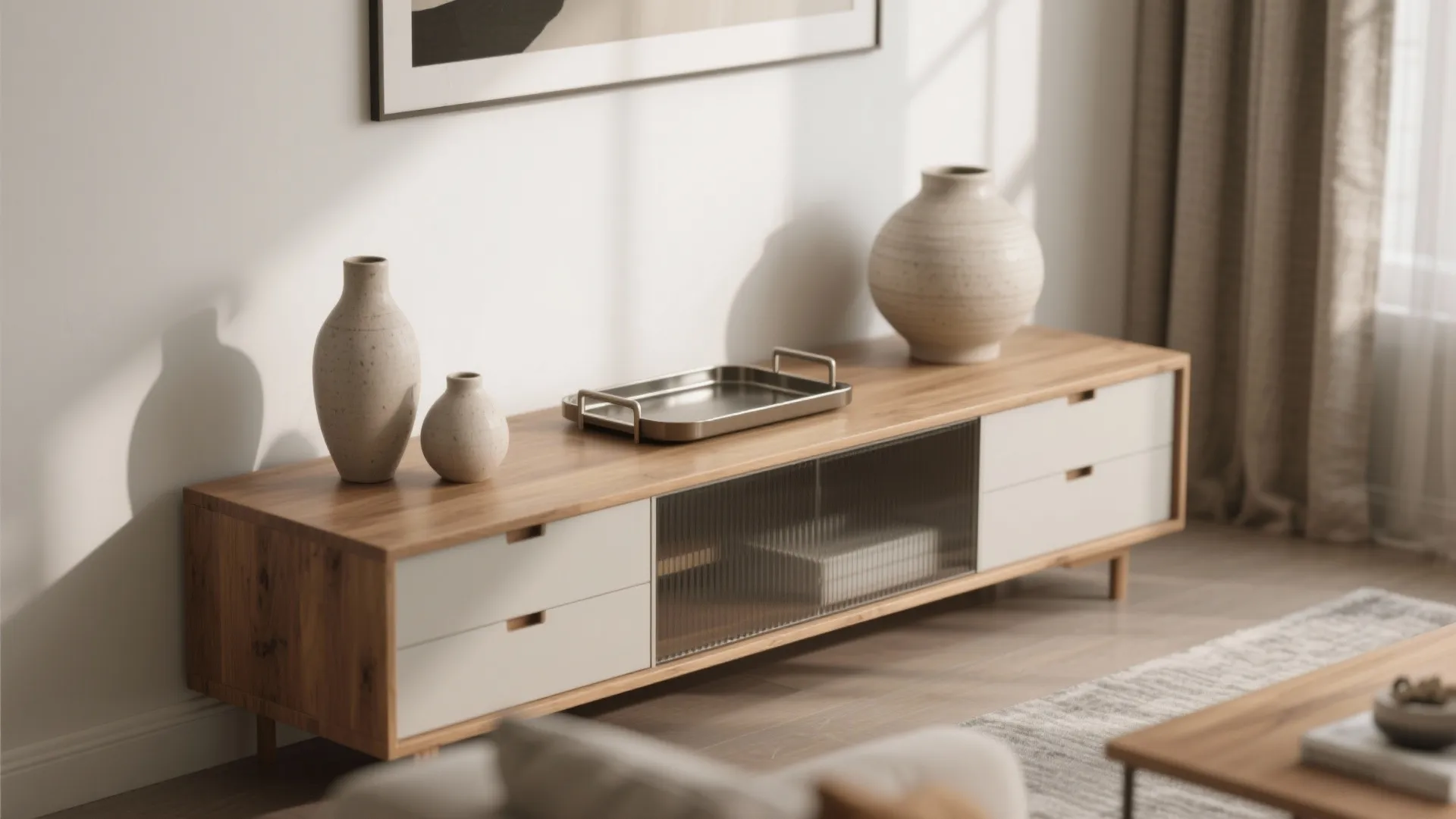 Console table decorated with mixed materials like wood, metal, and ceramic