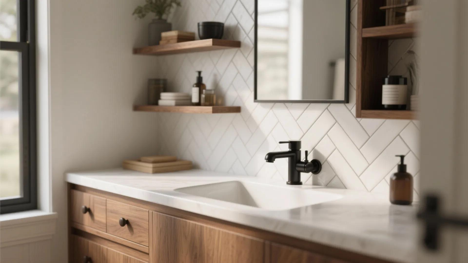 Modern bathroom vanity with wood cabinet, white countertop, black faucet, mirror, and white tiled wall