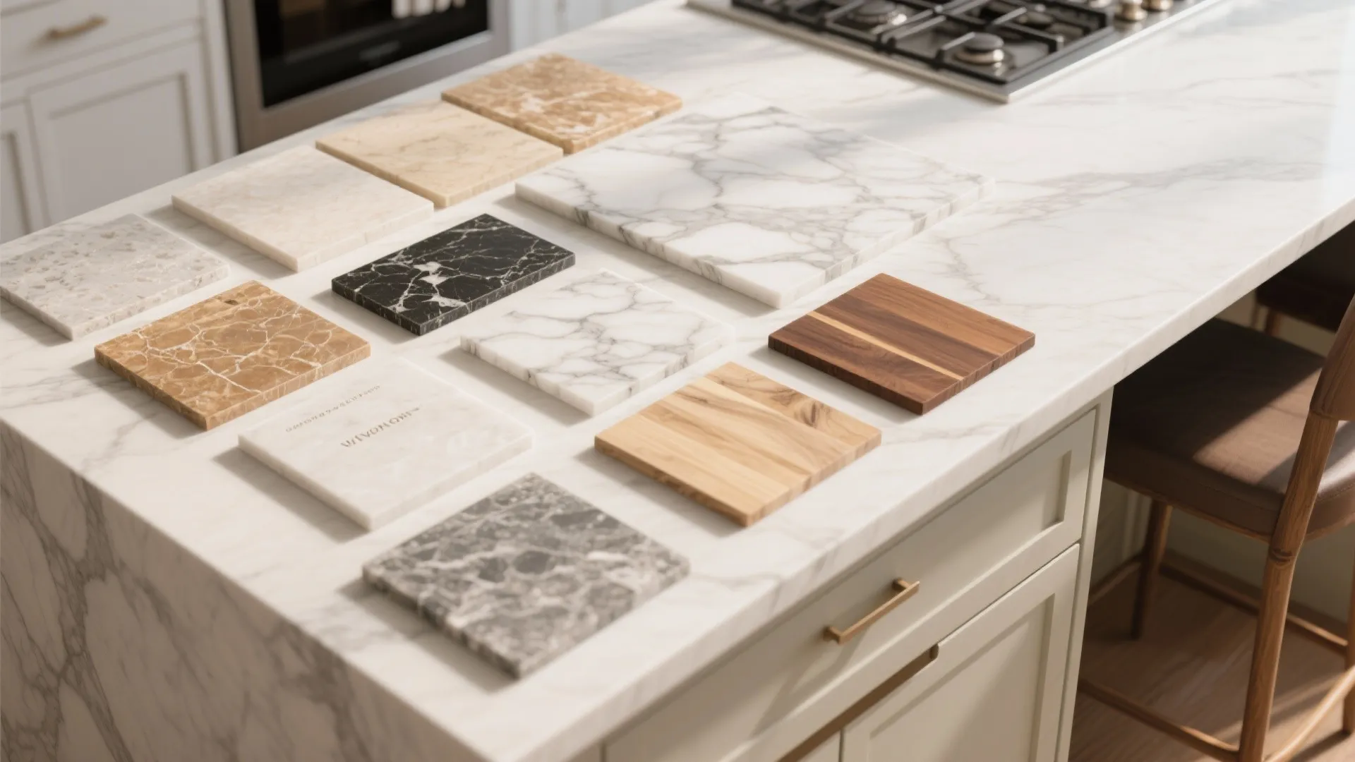 Different stone and wood material samples displayed on a white marble kitchen island countertop surface