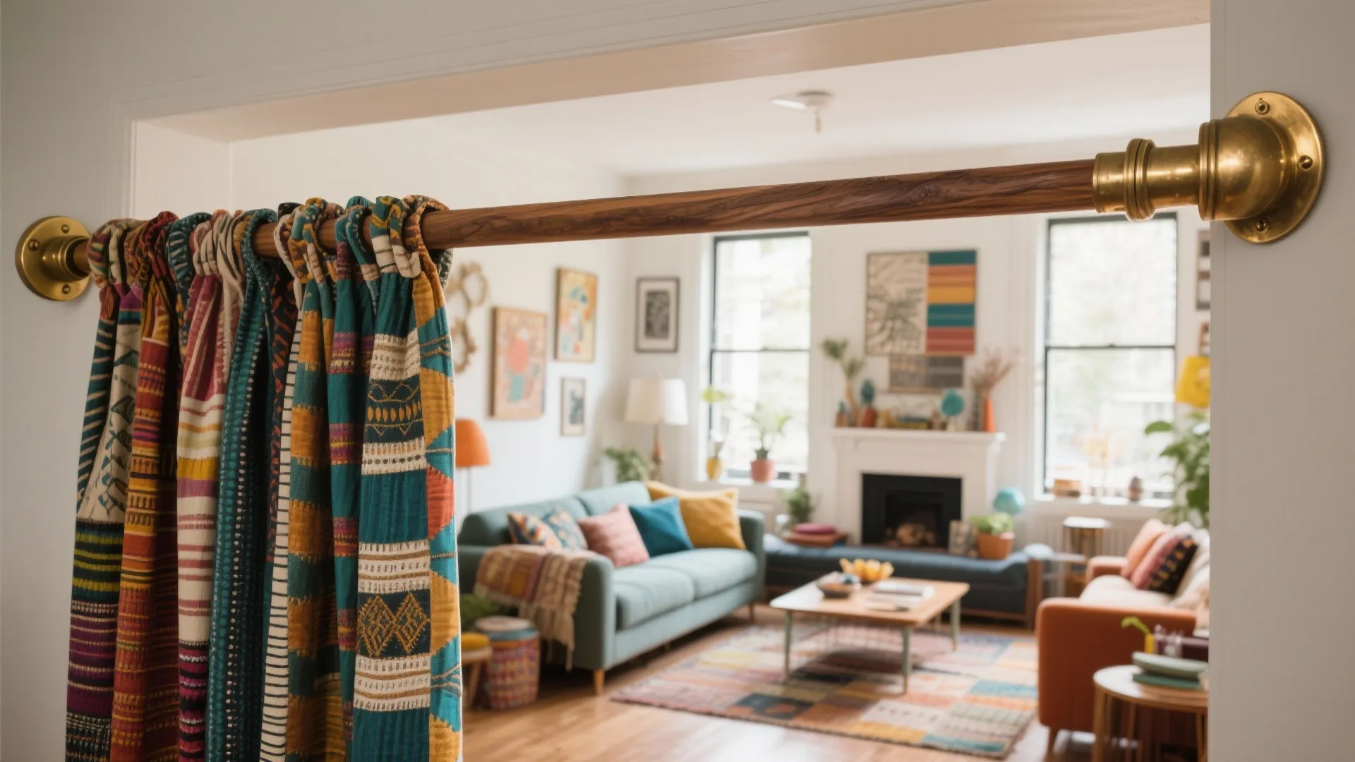 Eclectic living room with brushed brass and wood curtain rod