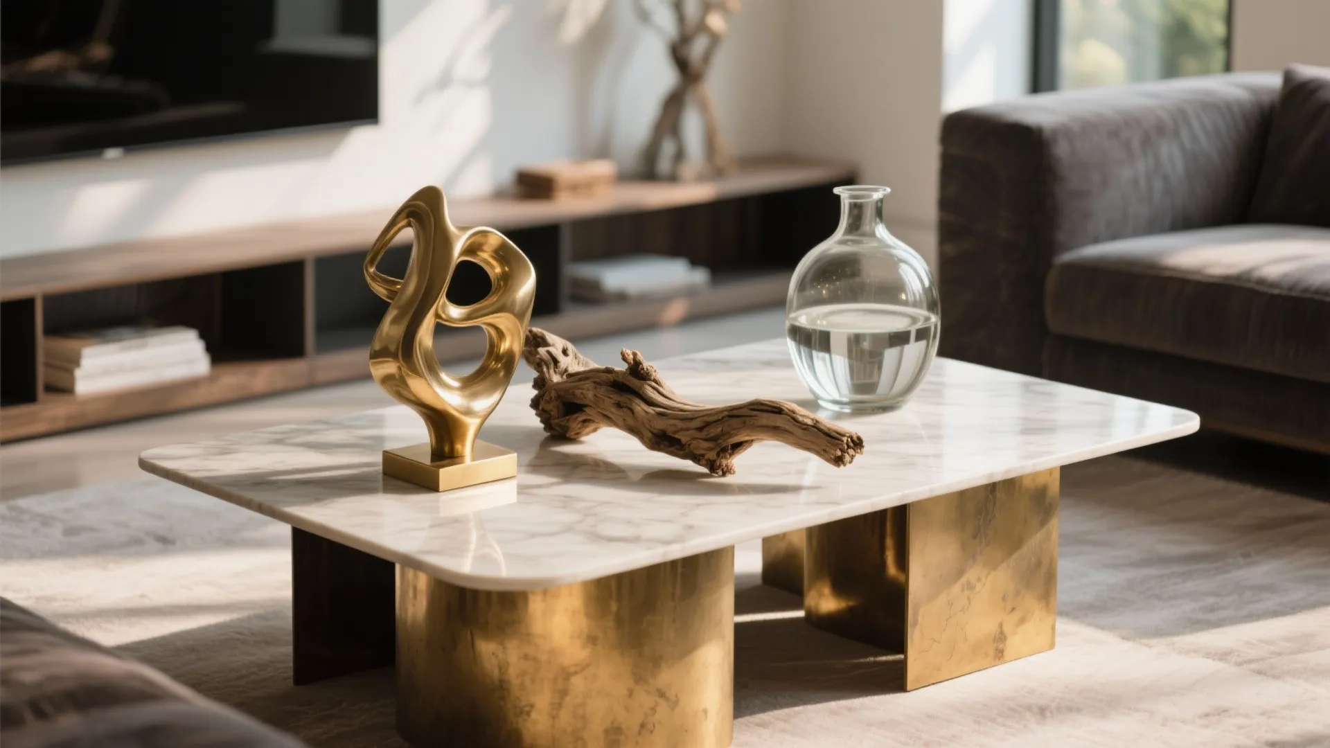 Gold art piece wood branch and glass jar on marble coffee table in modern room