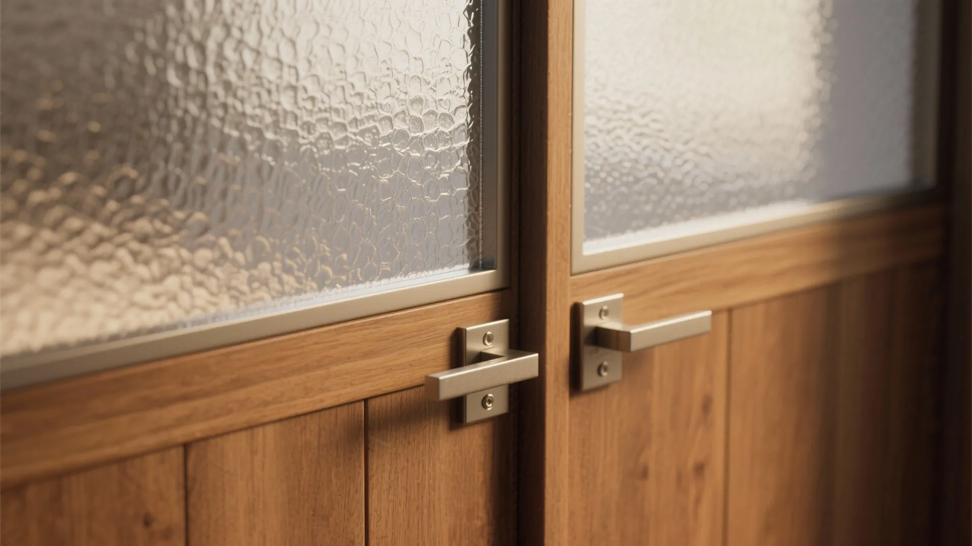 Close up of wooden doors with metal handles and textured glass panels in a modern home