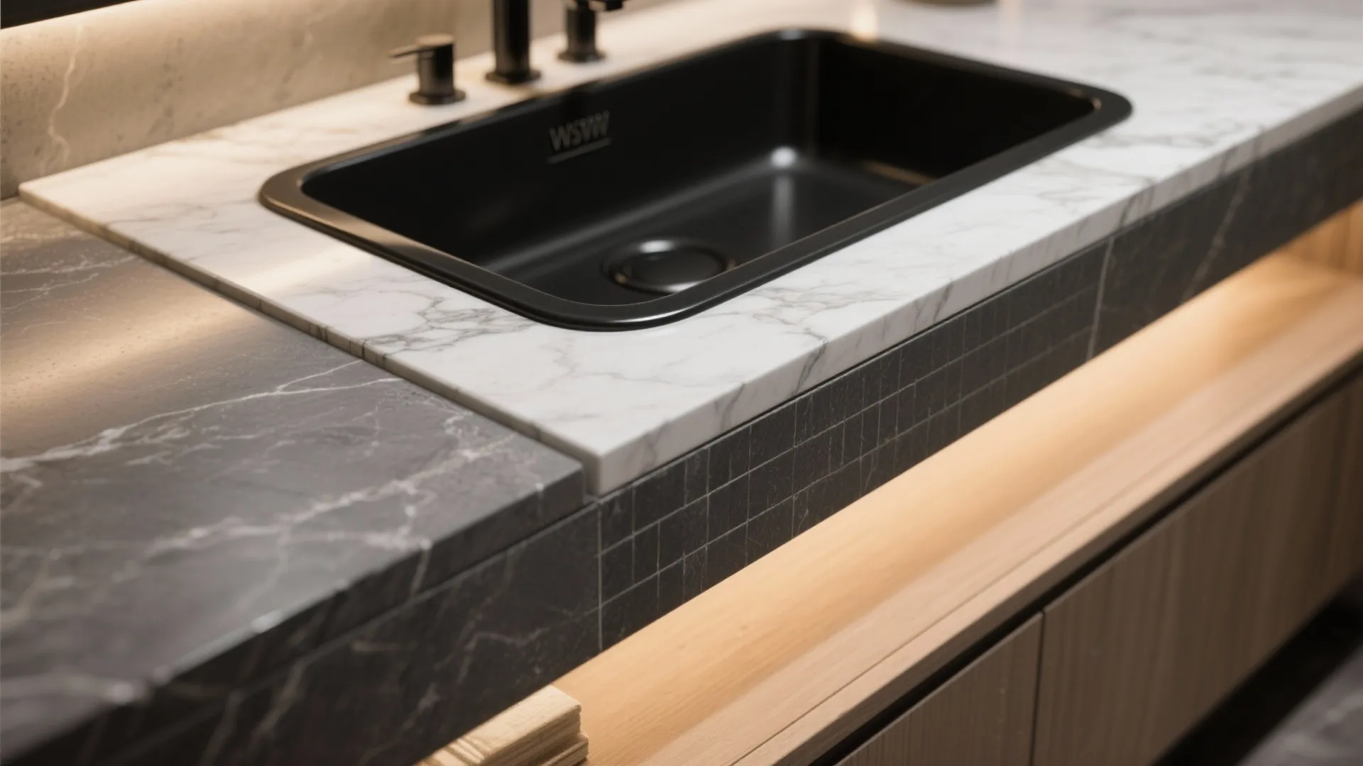 Close up of a black sink embedded in white marble and dark stone bathroom counter
