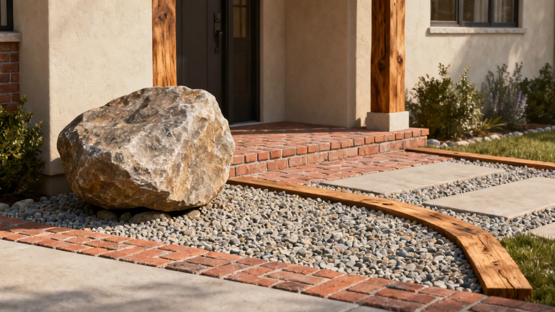 Entry statement combining a boulder with brick pavers, gravel, and timber for textural contrast.