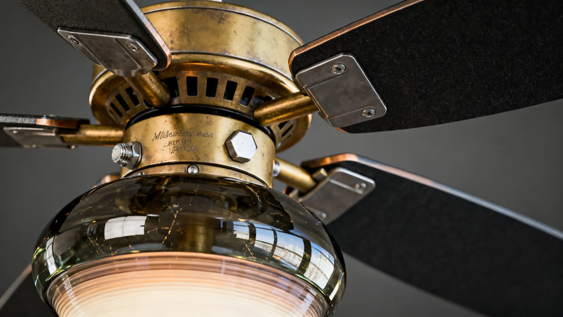 Close up of a vintage brass ceiling fan with dark wooden blades and glass light fixture