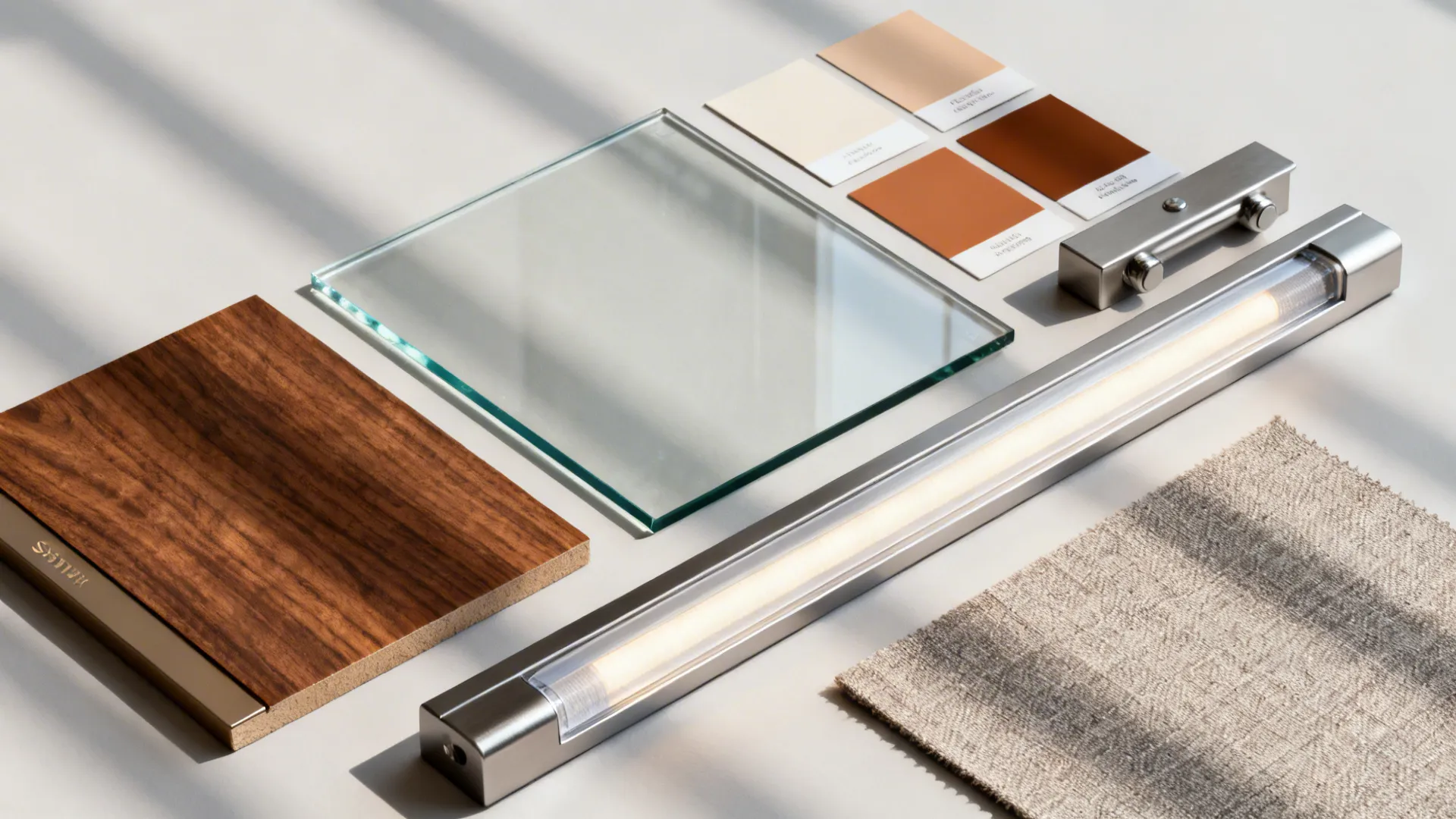 Top-down material palette with walnut, low-iron glass, matte paint, hardware, and LED diffuser.
