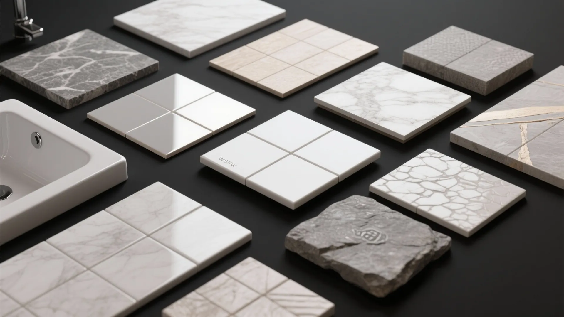 Collection of various tile samples in different patterns and colors displayed on a dark surface
