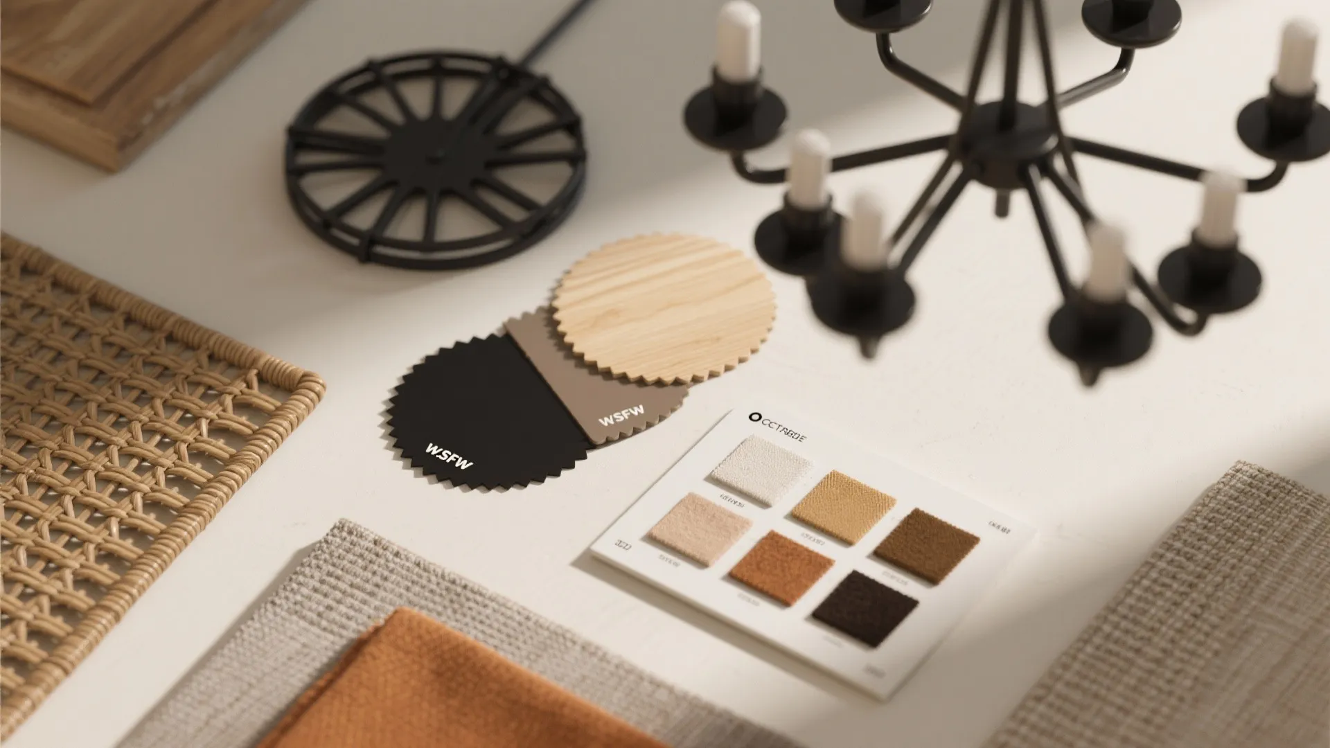 Flatlay of black metal, wood, and rattan samples for a mixed-material chandelier concept