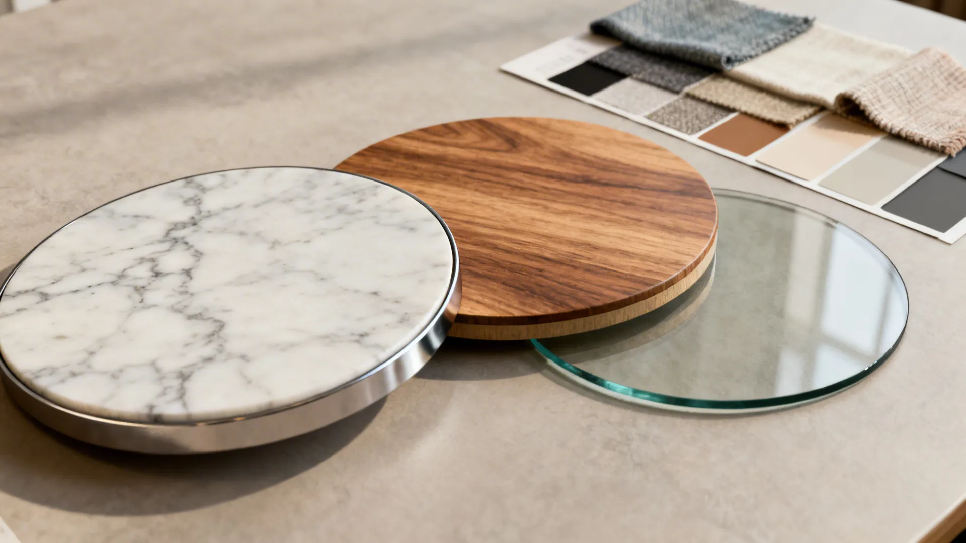 Flatlay of mixed-material samples for round table tops: marble, wood, metal, and glass with fabric swatches.