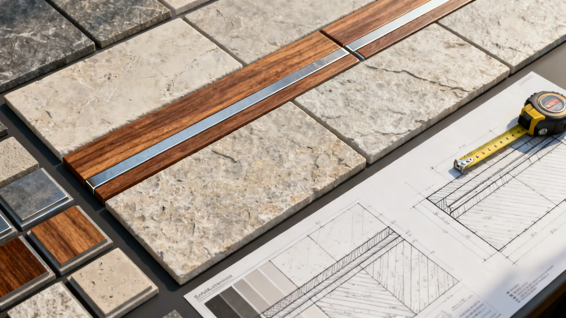 4. Mixed-material feature wall: stone tiles with wood or metal inlays