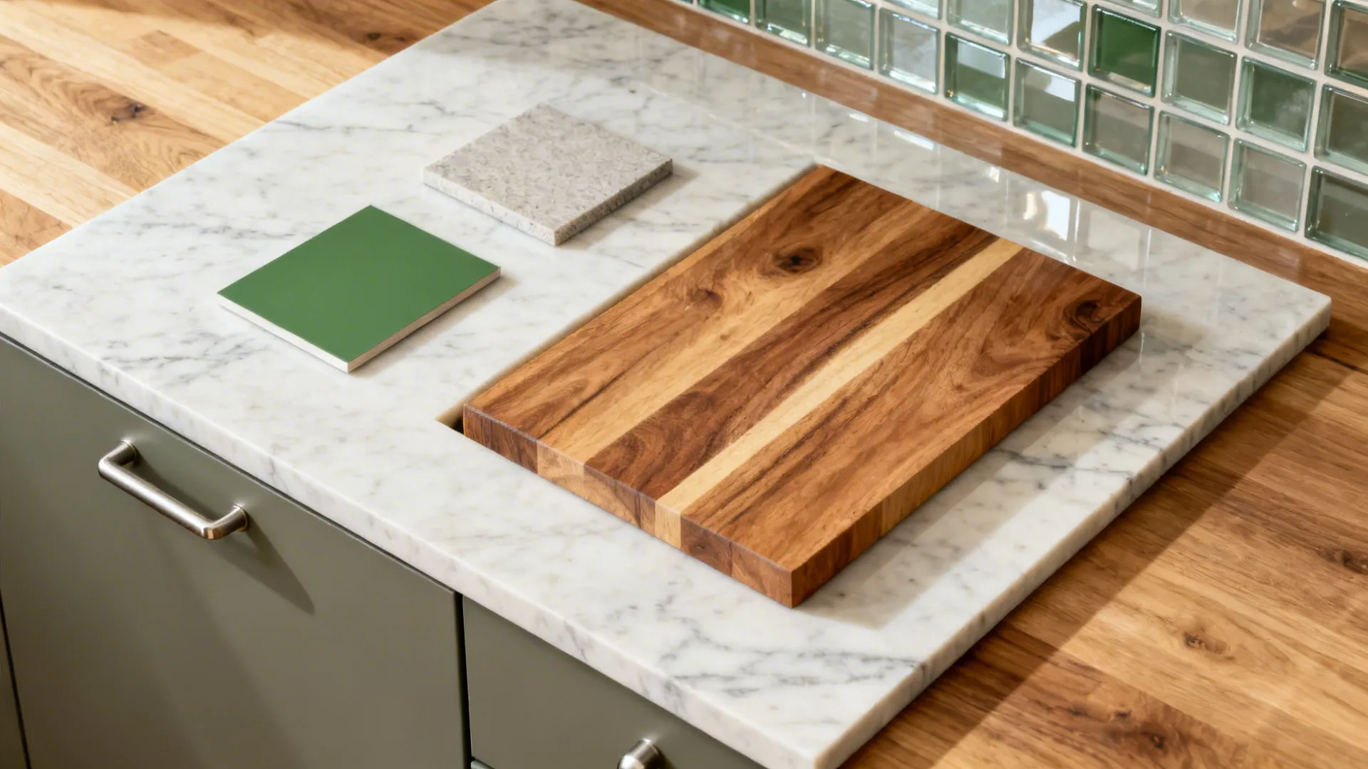 Flat lay of quartz, wood butcher block, hardware, cabinet finish, and glass tile for kitchen zoning.