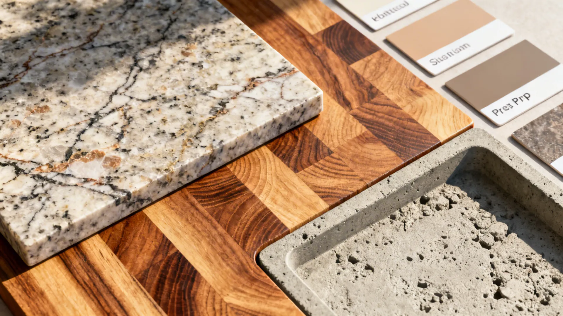 Flatlay showing granite, wood butcher-block, and concrete prep area samples