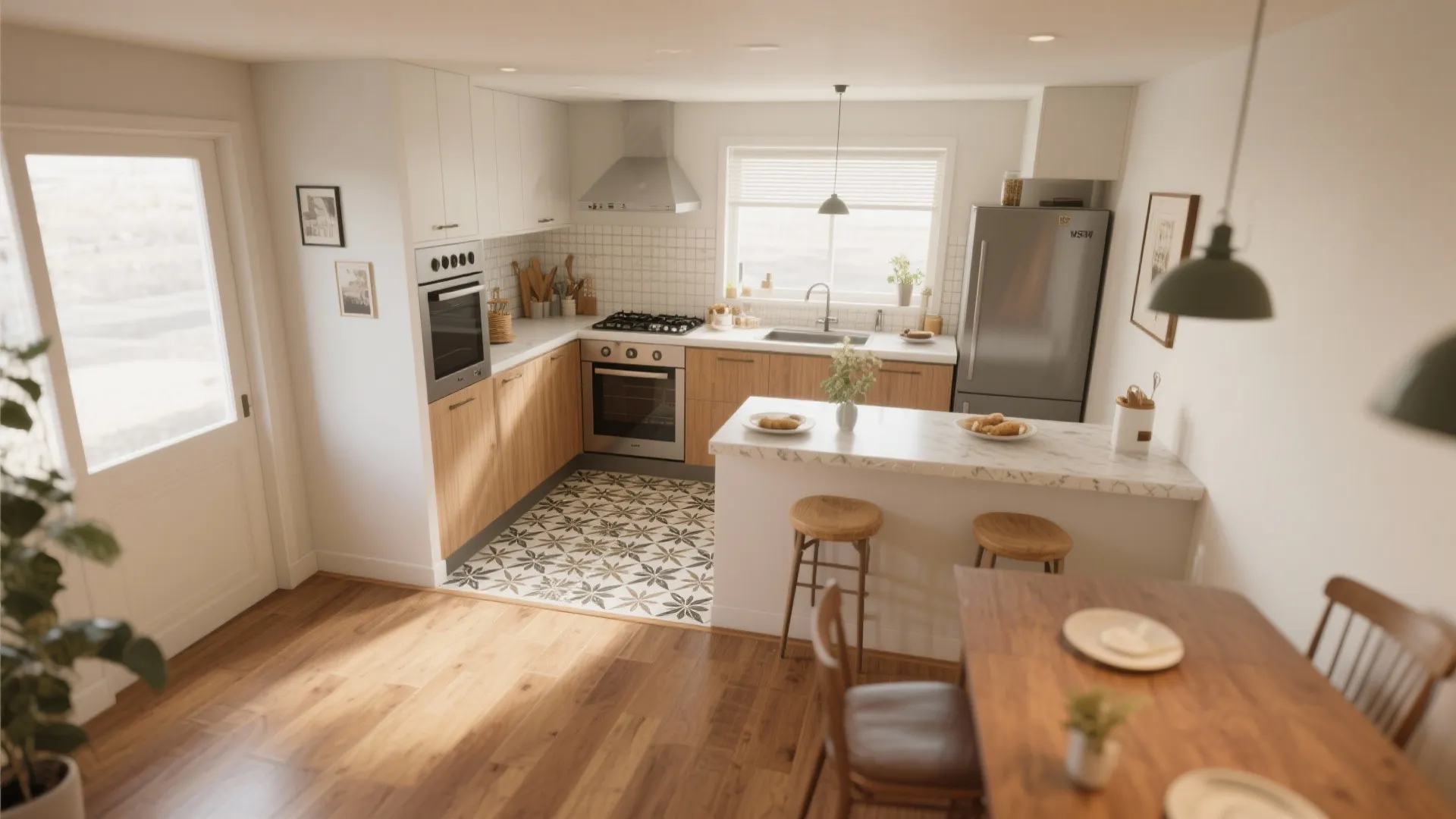 Modern kitchen featuring wooden cabinets white counters patterned floor tiles breakfast bar and dining table