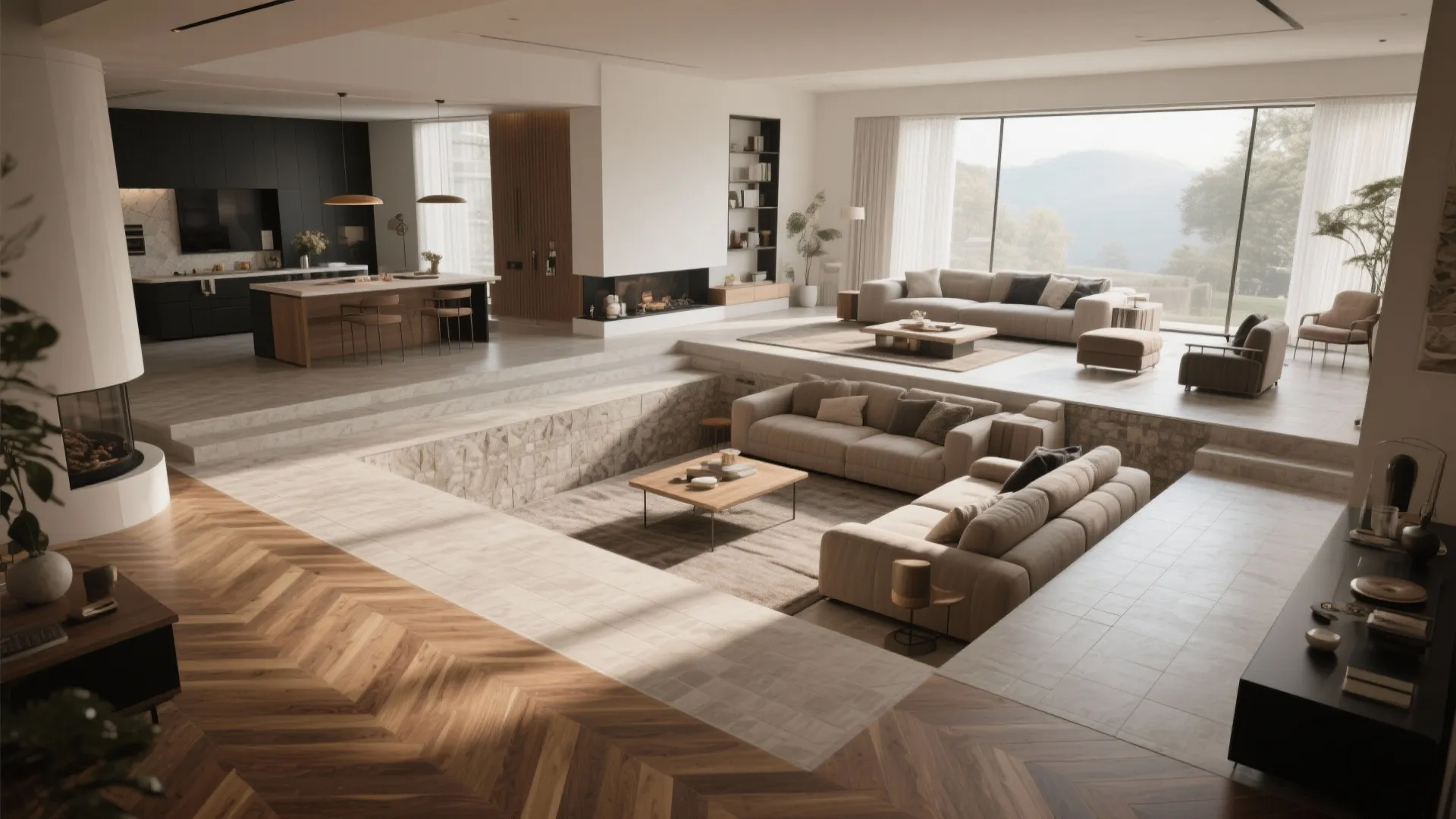 Modern open plan living room featuring sunken seating area wood chevron flooring and large window