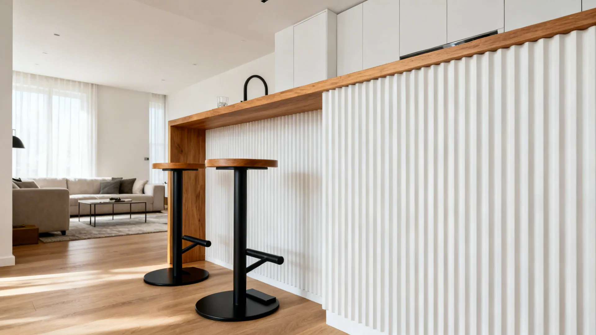 Small kitchen bar with oak top, matte black footrest, and fluted front panel in soft daylight.