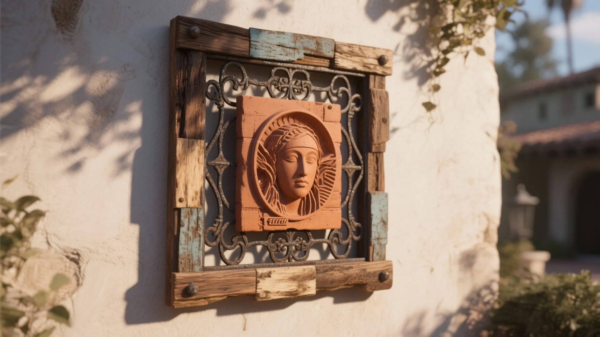 Small clay face sculpture set inside a wooden frame with black metal details on wall
