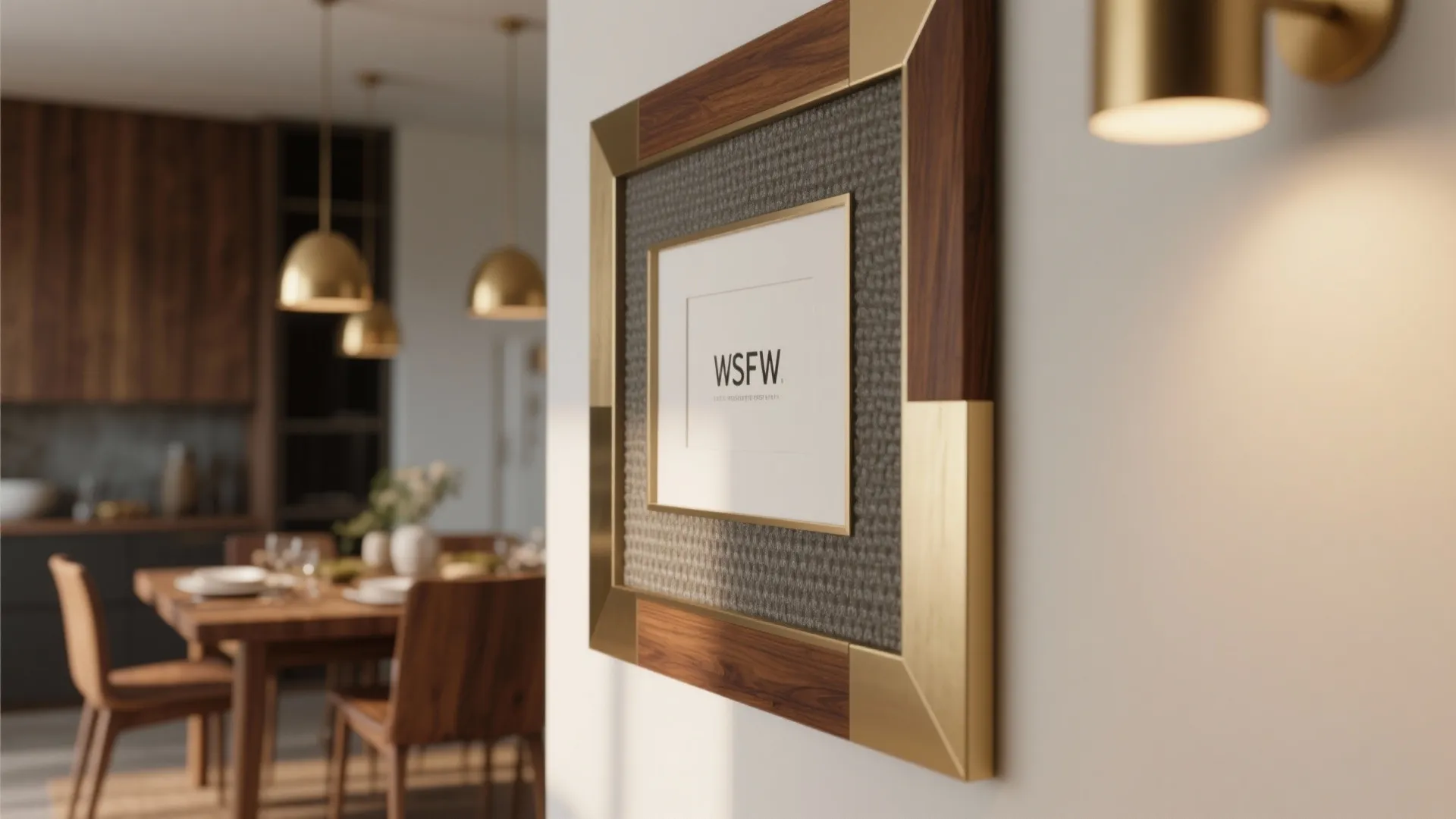 Close up of wood and gold picture frame on wall next to dining room light