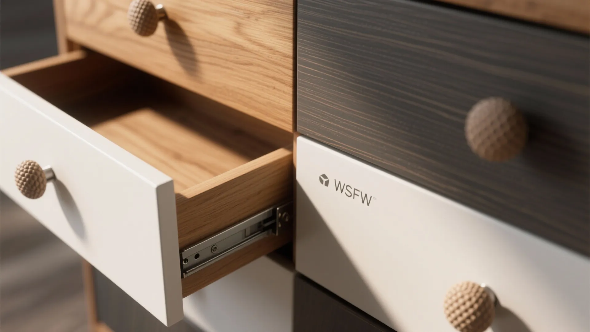 Close up of wooden and white cabinet drawers with round textured knobs and smooth metal rails