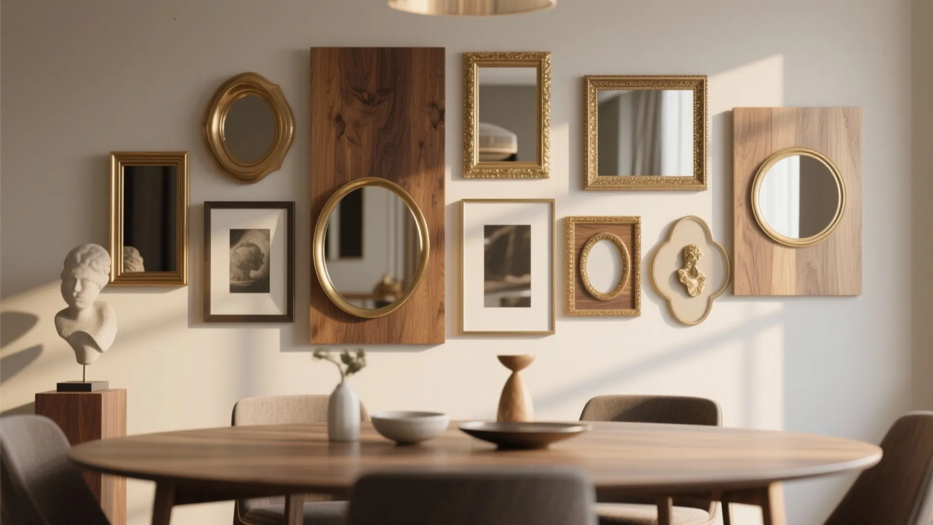 Wall gallery featuring gold framed mirrors and wood panels behind a round wooden dining table